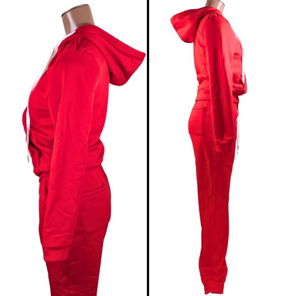 Red Sweatsuit sz XS NWOT Zip Front Hoodie Jogger Sweatpants White Trim - Picture 3 of 9